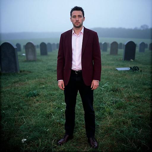 Contemplative Man in Misty Burial Mounds