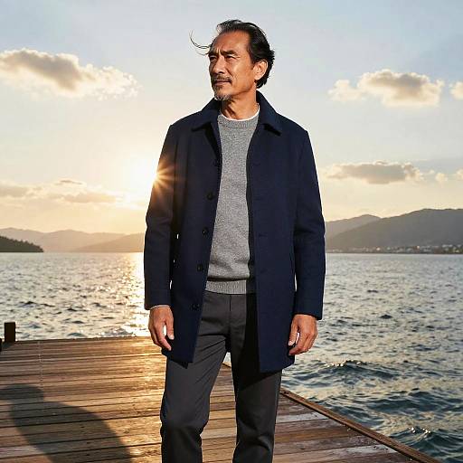 Photograph of a middle-aged man with dark hair and beard, wearing a black coat and grey sweater, standing on a wooden pier at sunset, with