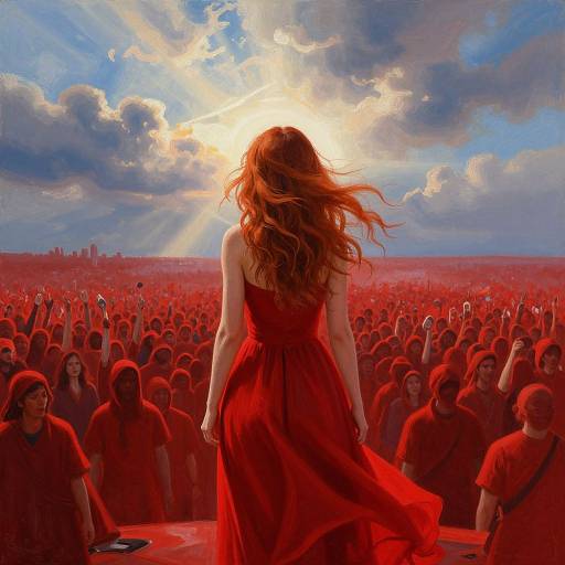 Photograph-like digital art: Red-haired woman in flowing red dress stands center, back to camera, amidst sea of red-clad crowd, sun rays