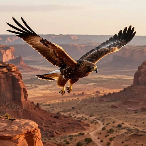 Photograph of a majestic eagle with outstretched wings soaring over a dramatic, sunlit desert canyon landscape with rugged red cliffs.