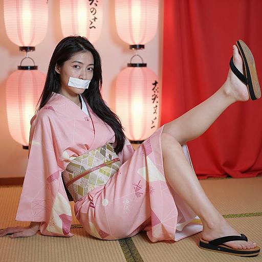 Asian Woman in Pink Kimono with Mouth Taped