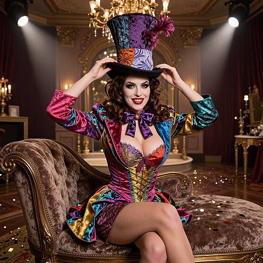 Photograph-style CGI: A curvy woman with large breasts, wearing a colorful, low-cut magician's dress and top hat, sits on a velvet