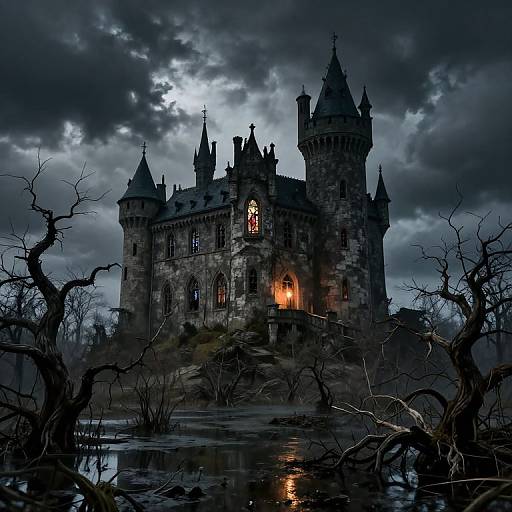 Ominous Castle in Desolate Landscape