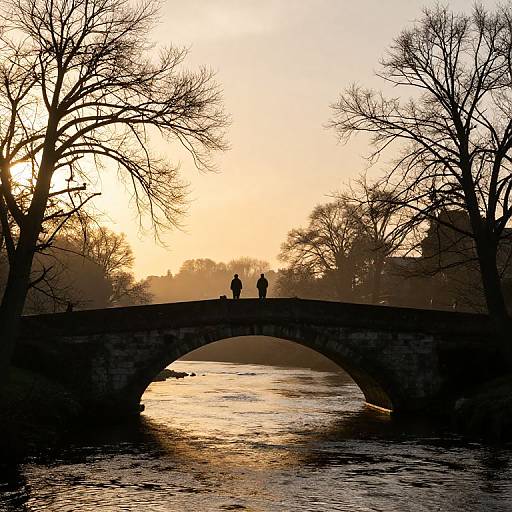 Silhouetted Figures on Stone Arch Bridge