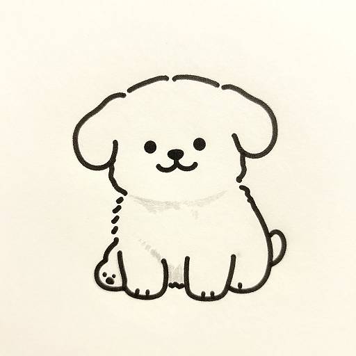 Cute, simple black line drawing of a chubby, adorable puppy with round ears, small black eyes, and a smiling face, sitting against a white