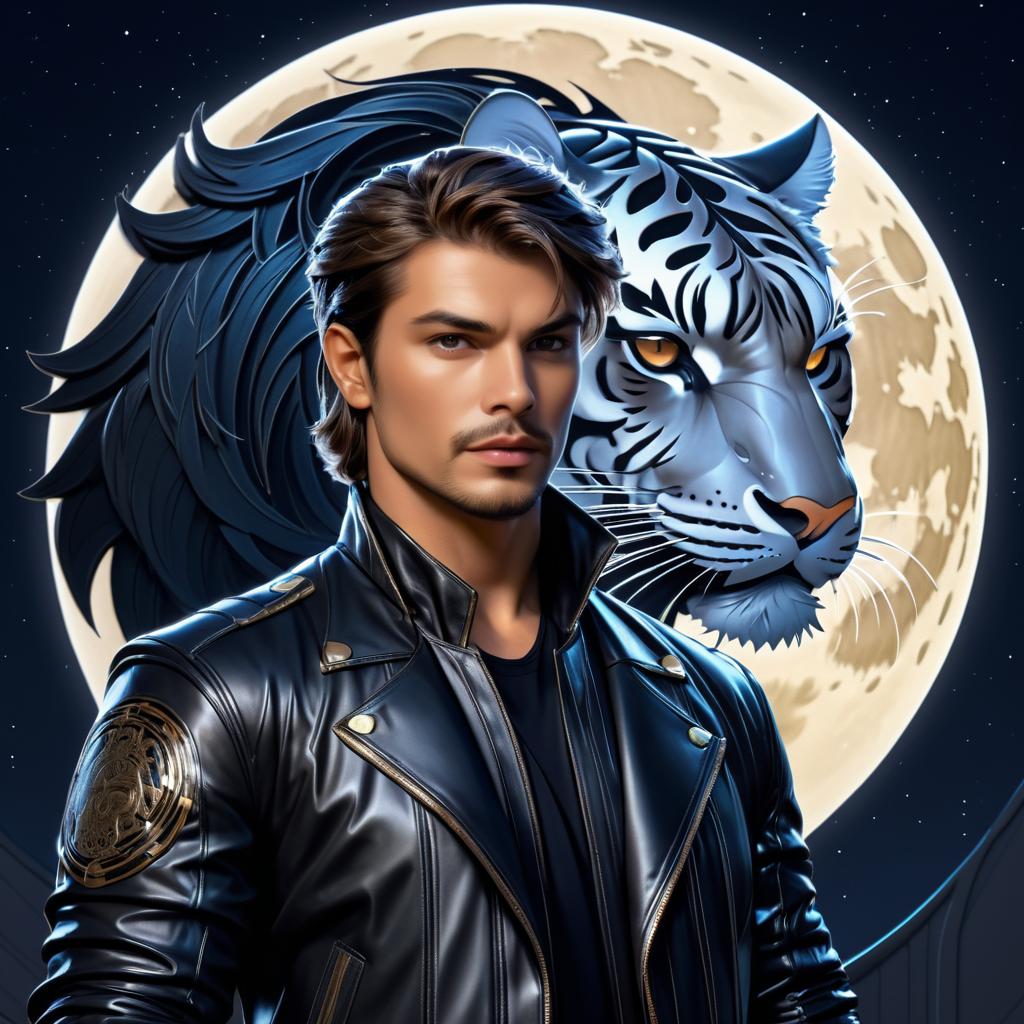 Elegant Tiger in Leather Jacket under Moonlight