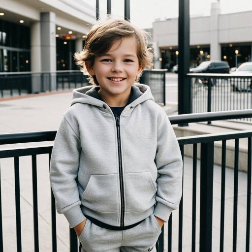 Smiling Boy in Gray Hoodie Outdoors