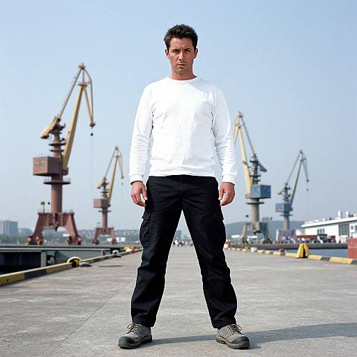 Man in Workwear at Industrial Docks
