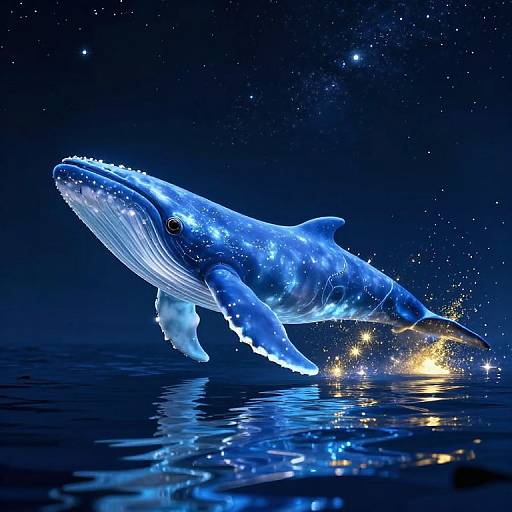 Digital illustration of a glowing blue whale with bioluminescent patterns, swimming in dark, starry ocean waters, reflecting starlight.