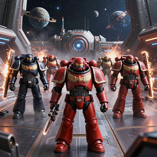 Red and Black Space Marines in High-Tech Space Fortress