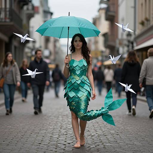 Photograph of a woman in a mermaid-scale green dress with a turquoise fish tail, holding a matching umbrella, walking on a cobblestone street