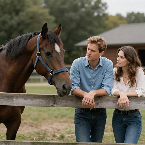 Couple Leaning on Fence with Horse