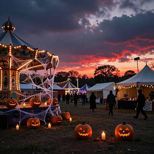 Photograph of a spooky carnival at dusk, featuring a decorated carousel with Halloween lights, carved pumpkins, and silhouetted people under a dramatic