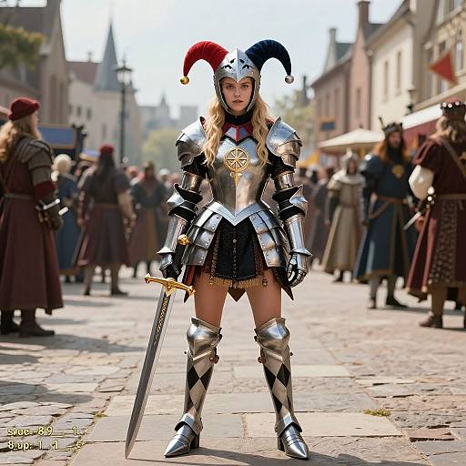 Photorealistic digital artwork of a blonde, fair-skinned female knight with blue and red horned helmet, wearing silver armor, holding a sword,