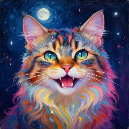 Vibrant digital painting of a fluffy, multicolored tabby cat with glowing green eyes, open mouth, and starry night sky background featuring