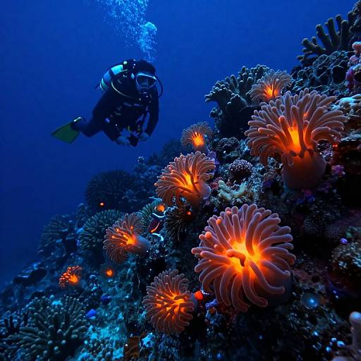 Photograph of a scuba diver in blue water exploring vibrant, glowing orange and yellow sea anemones on a dark coral reef.