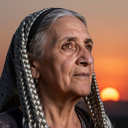 Photograph of an elderly African woman with silver braids, warm skin, and deep wrinkles, gazing at a vibrant sunset, wearing a black head