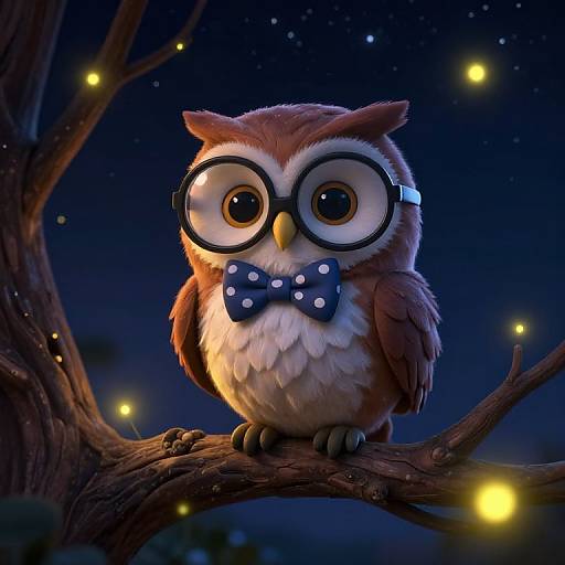 Cute CGI owl with large glasses and polka-dot bowtie, perched on a tree branch at night, surrounded by glowing fireflies.