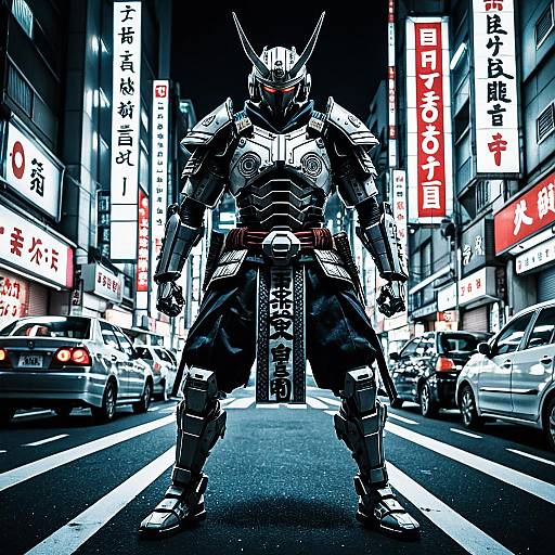Cyberpunk Samurai in Neon-Lit Tokyo Street
