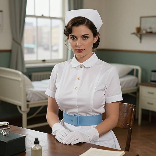 Photograph of a fair-skinned, dark-haired woman in vintage white nurse uniform with blue belt, white gloves, and cap, seated in a bright