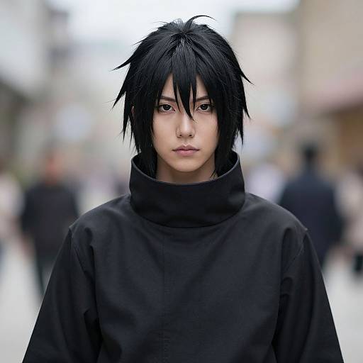 Digital anime-style portrait of a serious young man with black, messy hair, wearing a high-collared black shirt, blurred urban background.
