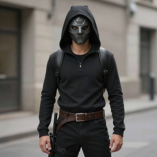 Photograph of a muscular man in a black hoodie, gas mask, and backpack, with a brown belt and gun holster, standing on a city street