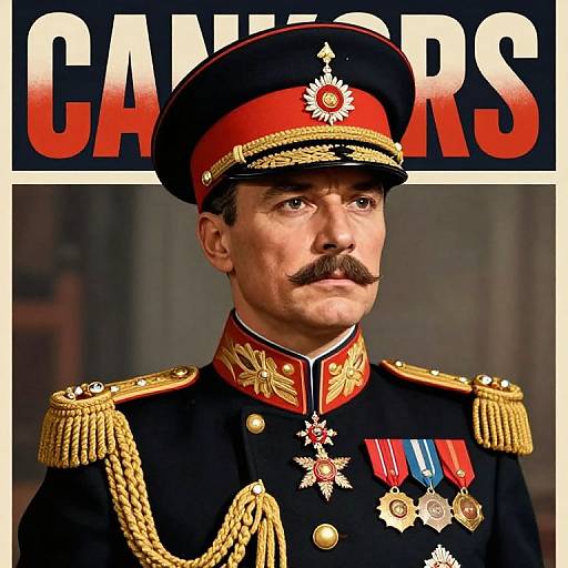 Photograph of a stern-looking military officer with a mustache, wearing a black and red uniform with gold epaulettes, medals, and a