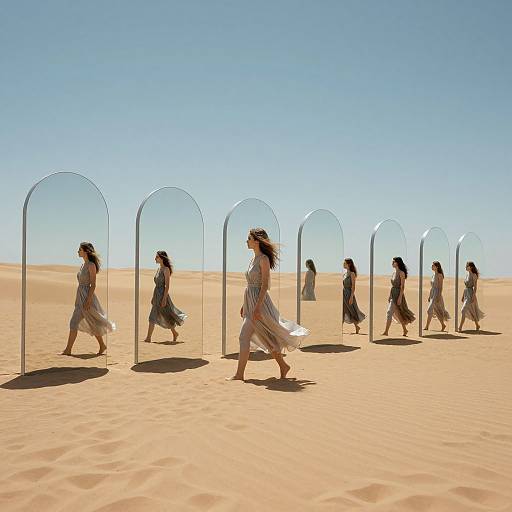 Photograph of a woman in a flowing dress walking through a desert with mirrored arches casting reflections, clear blue sky.