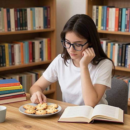 Photograph of a young woman with black glasses, white t-shirt, and long dark hair, eating cookies while reading a book in a library.