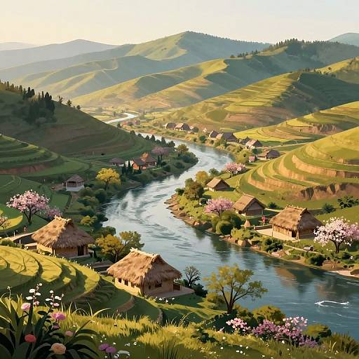 Digital painting of a serene, sunlit valley with a winding river, pink cherry blossoms, thatched-roof houses, rolling hills, and lush