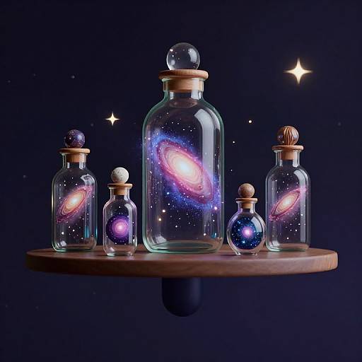 Photograph-like digital art of five glass bottles with glowing, colorful galaxies, on a wooden shelf against a dark, starry background.