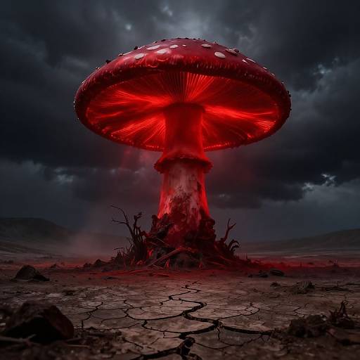 Digital artwork of a glowing red, giant mushroom with white spots, set against a dark, stormy sky, standing on cracked, barren ground.