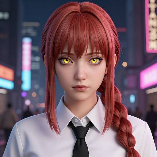 Digital anime-style portrait of a red-haired woman with yellow eyes, wearing a white shirt and black tie, in a neon-lit city night background.