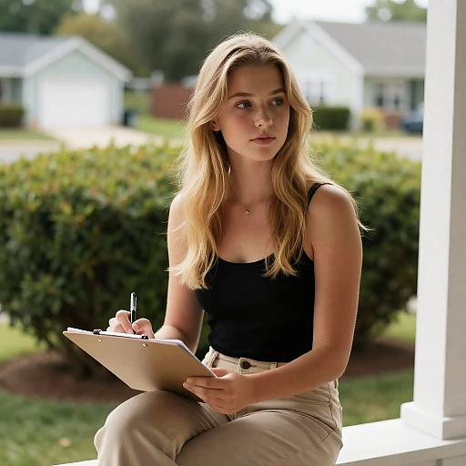 Young Woman on Porch in Suburban Setting