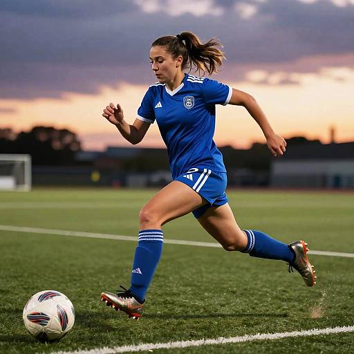 Photograph of a focused female soccer player in blue uniform, mid-stride, chasing the ball on a grass field at sunset.