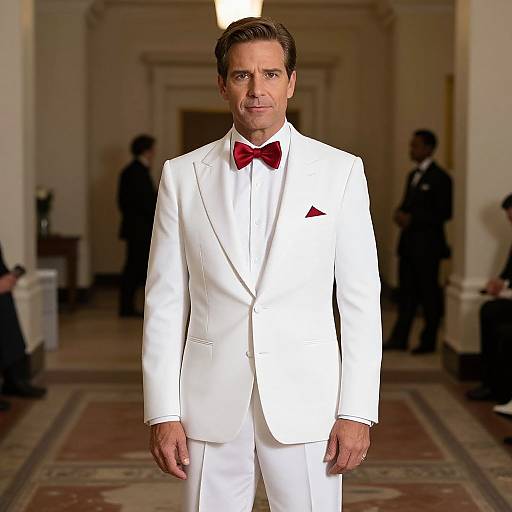 Photograph of a middle-aged man with short brown hair, wearing a white tuxedo with a red bow tie and pocket square, standing in an