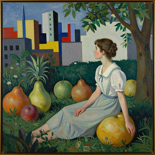 Painting of a young woman with brown hair in a white blouse and light blue skirt, sitting among oversized fruits under a tree, with a colorful city