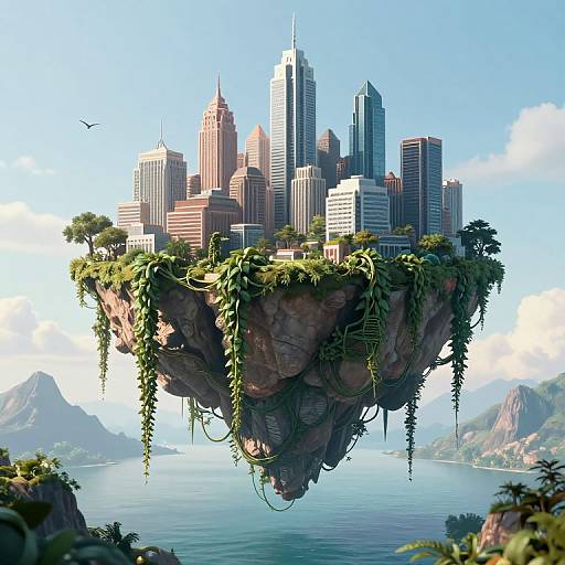 Digital artwork of a floating cityscape on a rocky island, surrounded by lush greenery and vines, with skyscrapers and mountains in the background.