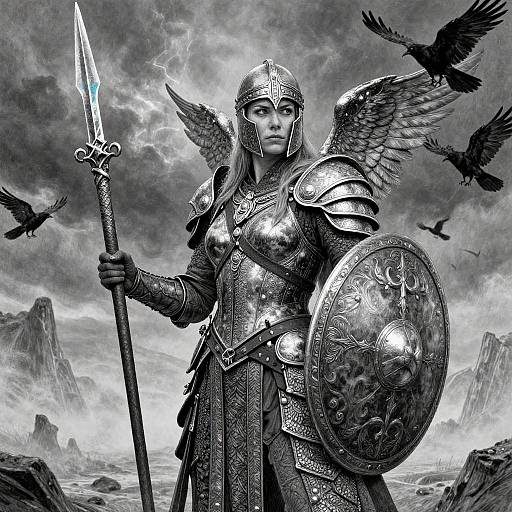 Digital artwork of a armored angel warrior with wings, holding a sword and shield, surrounded by black birds, against a stormy, mountainous sky.