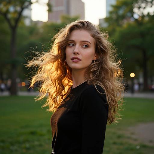 Photograph of a blonde, wavy-haired woman with fair skin and green eyes, wearing a black top, standing in a sunlit park with blurred