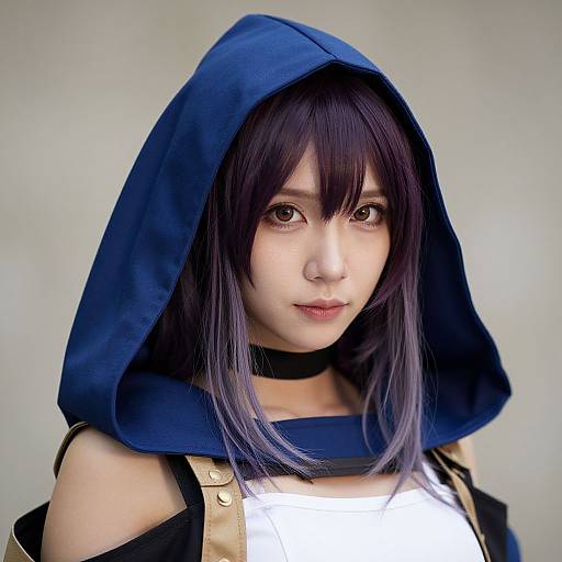 Photograph of an Asian woman with pale skin, wearing a dark blue hooded cloak, black choker, and white top, with shoulder straps visible