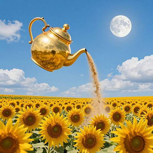 Golden teapot pouring tea over vibrant sunflower field under bright blue sky with full moon and fluffy white clouds.