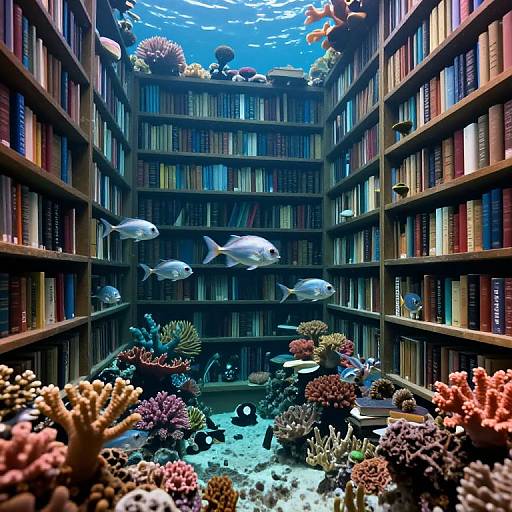 Photograph of an underwater library with colorful coral reefs, fish swimming among towering bookshelves, and sunlight filtering through the water.