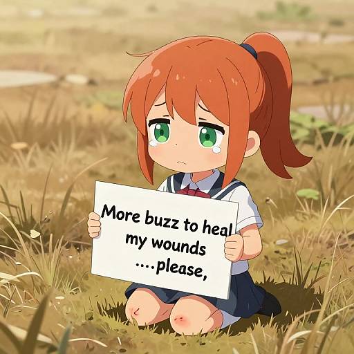 Digital anime-style drawing of a sad, red-haired girl with green eyes, holding a sign reading 