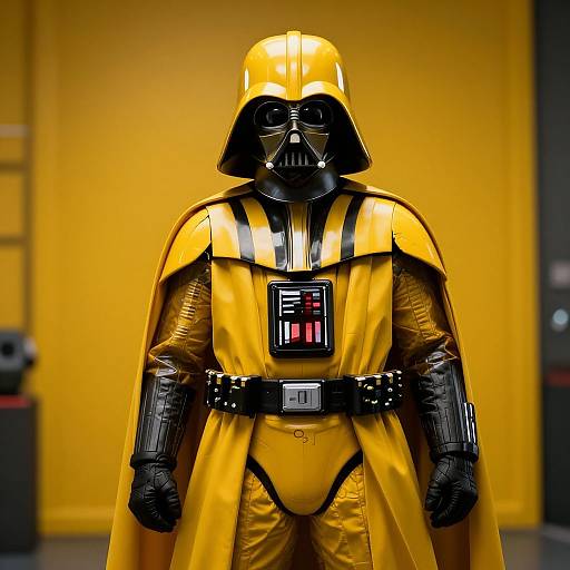 Photograph of a Darth Vader cosplay in shiny yellow armor, black mask, and gloves, standing against a yellow background.
