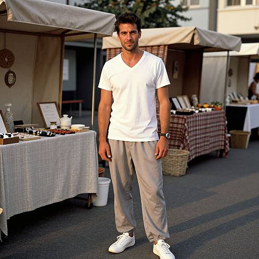 Photograph of a casually dressed man in a white V-neck shirt and gray pants, standing at an outdoor market stall with white and red checkered table