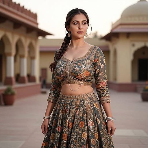 Photograph of a young South Asian woman with long braided hair, wearing a floral embroidered crop top and skirt, standing in a traditional courtyard with arch