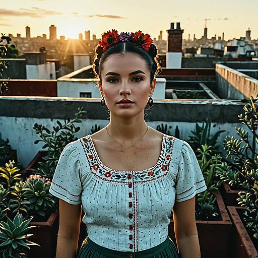 Young Woman on Rooftop Garden at Dawn