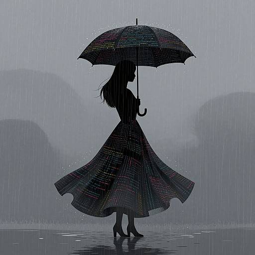 Silhouetted woman in flowing dress and high heels holds umbrella in rainy, misty landscape, water droplets on fabric and ground.