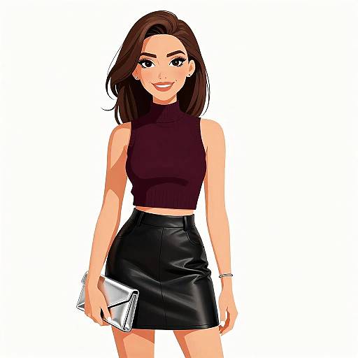 Digital illustration of a smiling woman with brown hair, wearing a black sleeveless turtleneck and black leather skirt, holding a silver clutch, against a